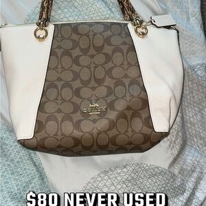 Coach Brown Signature Canvas Tote with White Leather Panels